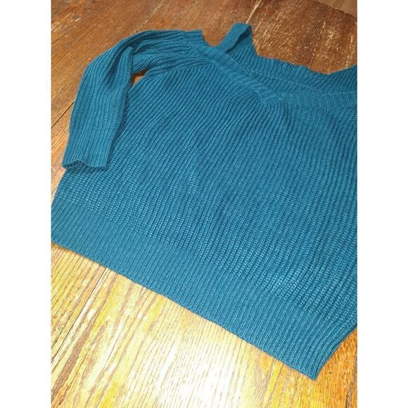 Medium Teal Cold Shoulder Long Sleeve Deep Vneck Oversized Pullover Knit Sweater - Picture 3 of 4